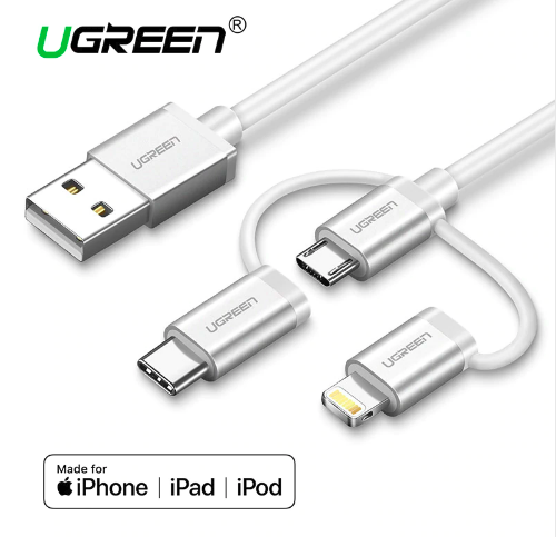 Ugreen USB 2.0 to Micro USB Lightning Type C (3 in 1) Data Cable with Braid  Sliver 1M