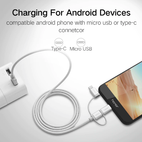 Ugreen USB 2.0 to Micro USB Lightning Type C (3 in 1) Data Cable with Braid  Sliver 1M